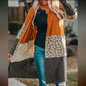 Long ColorBlock Cardigan Sweater Duster Orange Grey Leopard Animal print XL